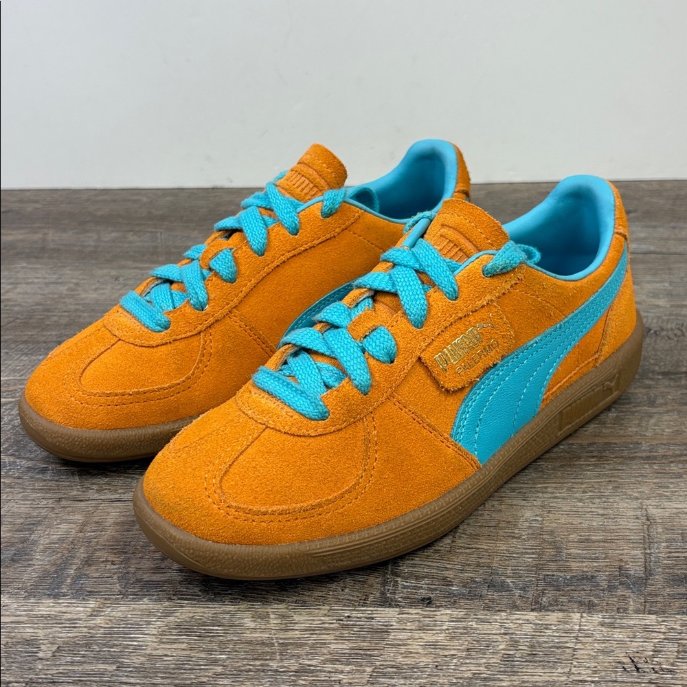 PUMA Palermo Sneakers – Orange Suede with Aqua Blue (Women’s 6.5 / Men’s 5)